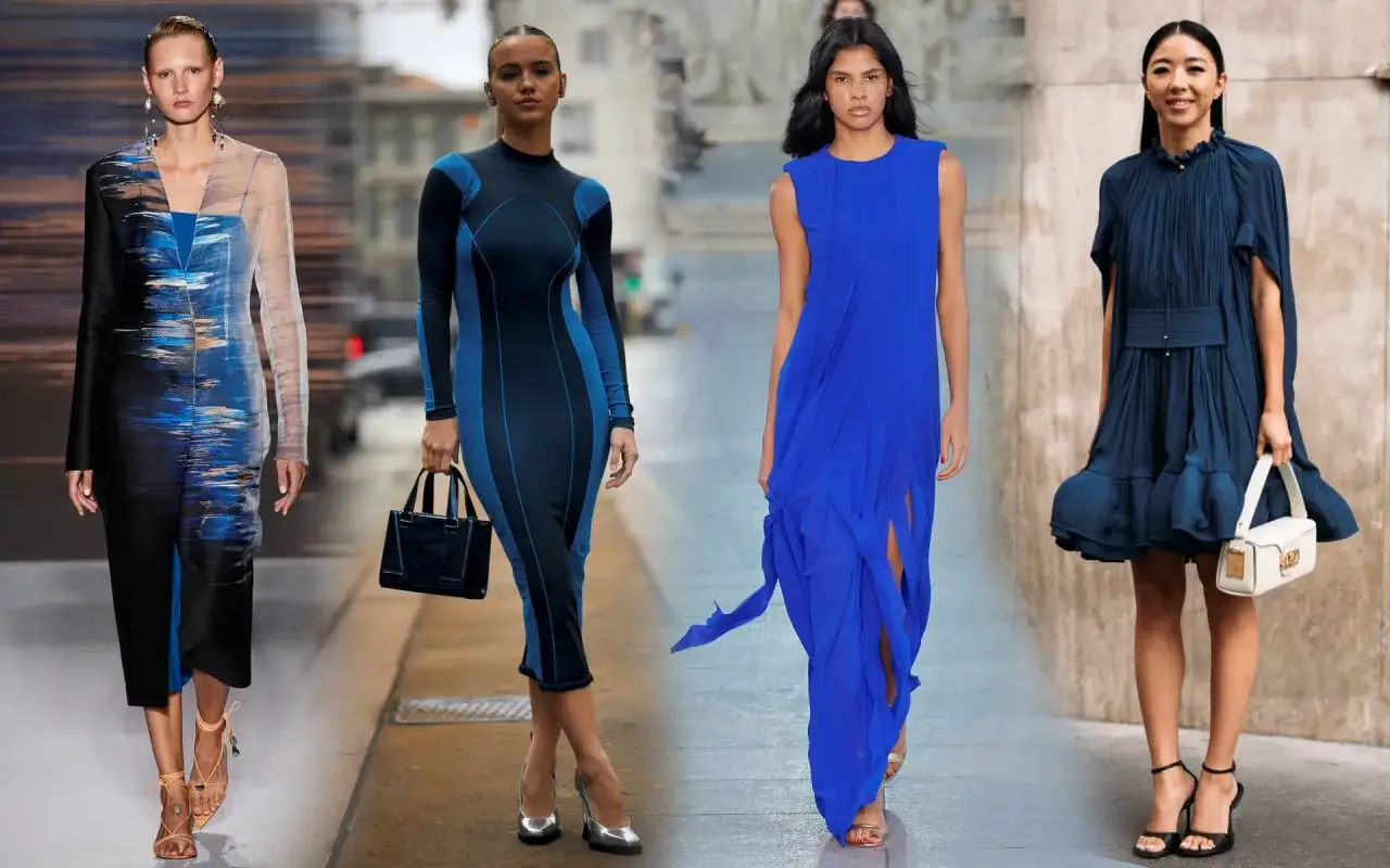 Modelli con abiti blu, da cui prendere spunto su come abbinare scarpe blu con borse e accessori eleganti.