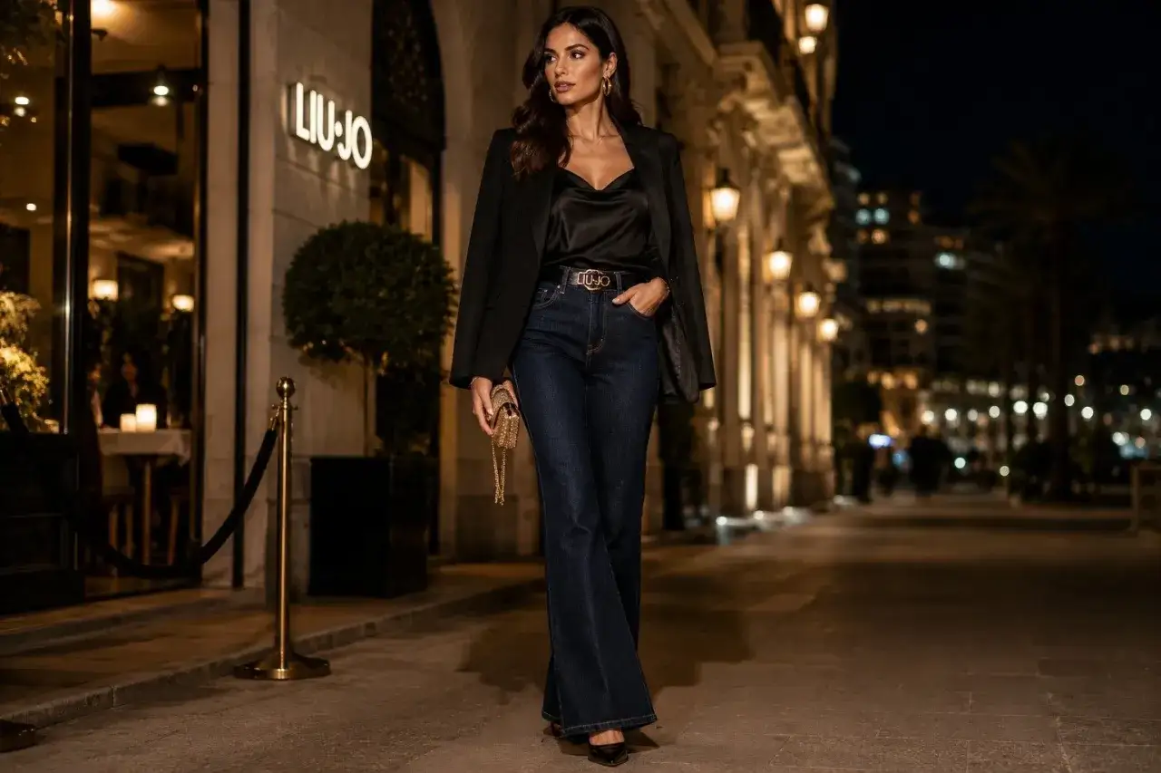 Donna elegante con un outfit con jeans per la sera, blazer nero e top di seta, cammina in una strada illuminata di notte.
