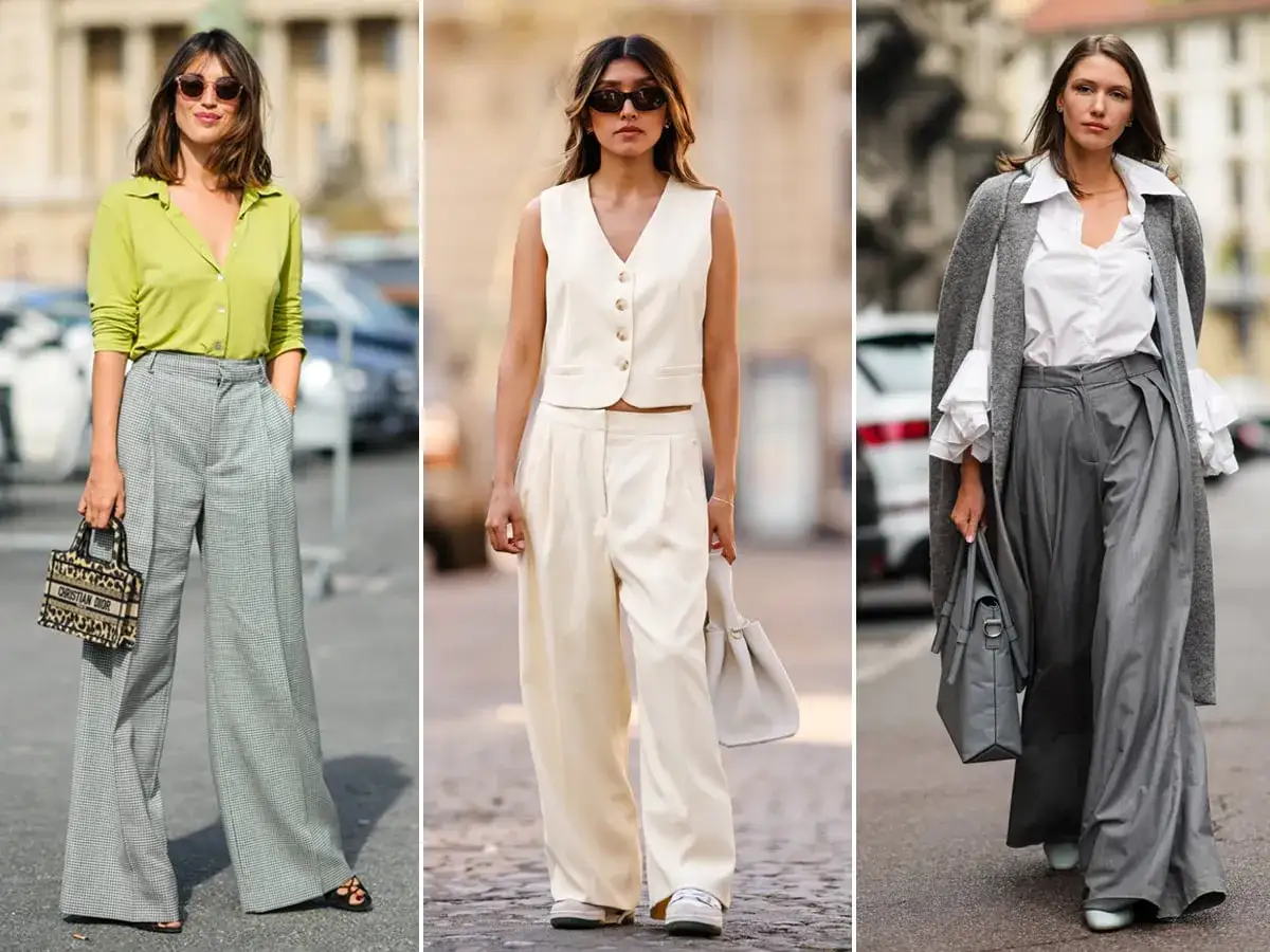Tre donne sfoggiano eleganti pantaloni palazzo con scarpe abbinate. Look chic per ogni occasione.