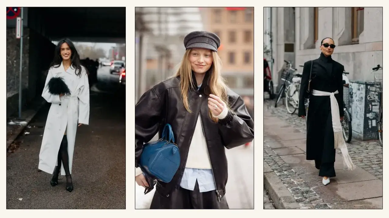 Tre donne con outfit eleganti: una in trench bianco, una con giacca in pelle e cappello, e una in cappotto nero. Stile ispirato a Mona Tougaard.