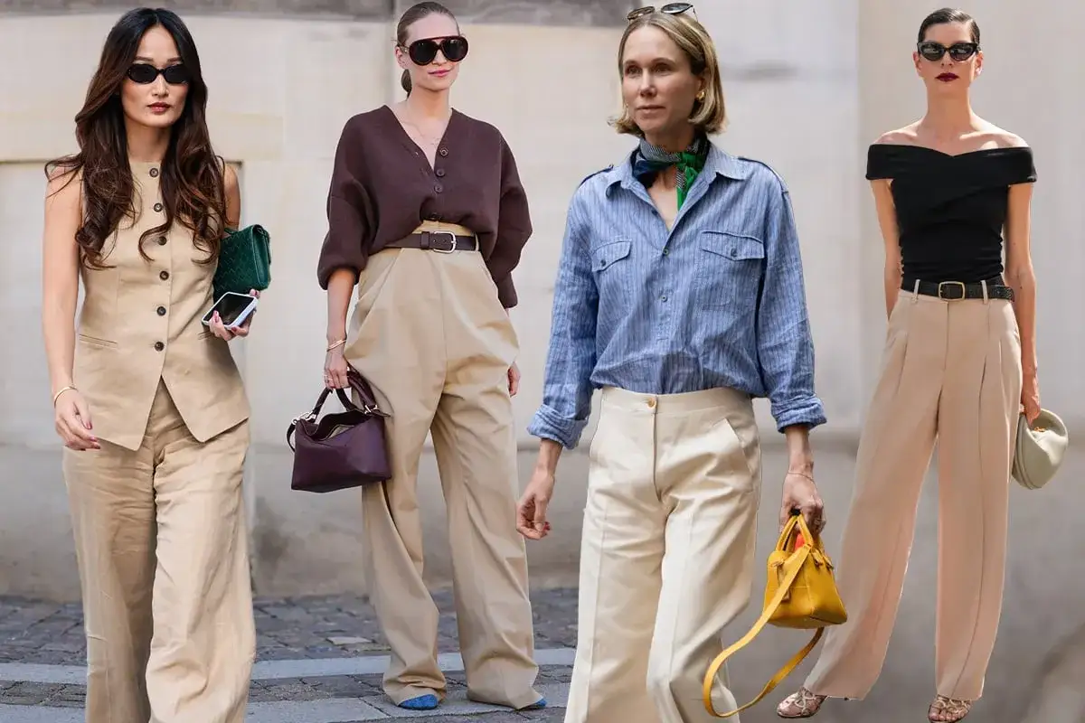 Quattro donne sfoggiano eleganti pantaloni color crema, dimostrando versatili color crema abbinamenti vestiti con top e accessori diversi.
