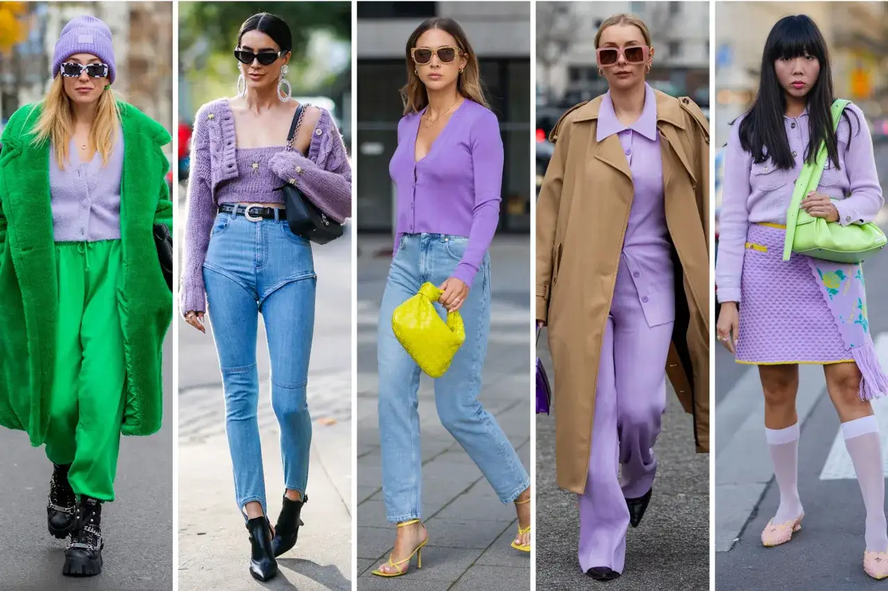 Cinque modi per abbinare il lilla: con verde acceso, jeans, un trench o una gonna.