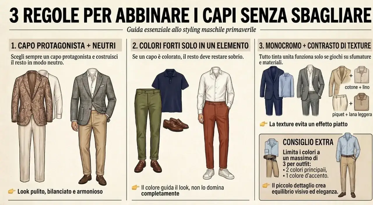 Illustrazione di vari tipi di vestiti maschili, con esempi di abbinamenti per creare look eleganti e bilanciati.