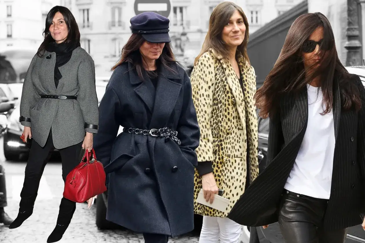 Quattro donne eleganti, tra cui Emmanuelle Alt, sfoggiano cappotti diversi: grigio, blu scuro, maculato e gessato.