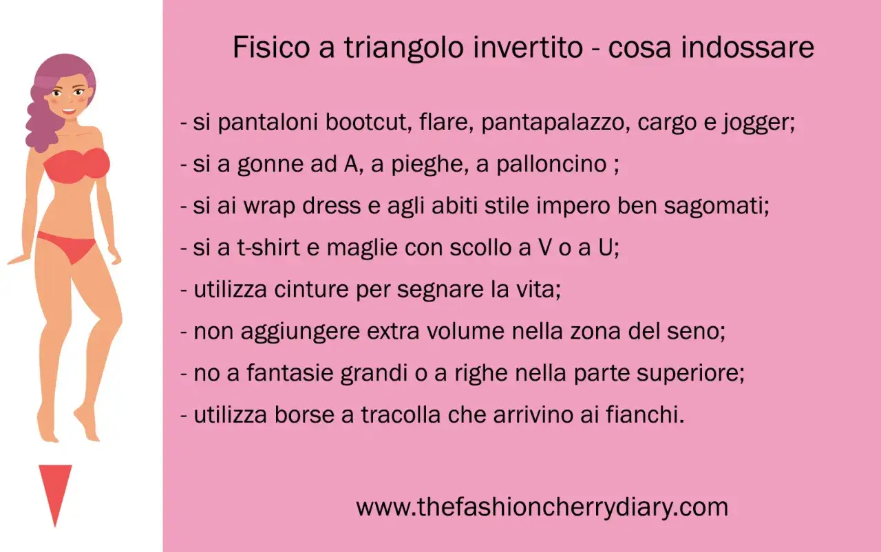 Guida di stile per un fisico a triangolo invertito: consigli su abiti, gonne e pantaloni per valorizzare la figura.