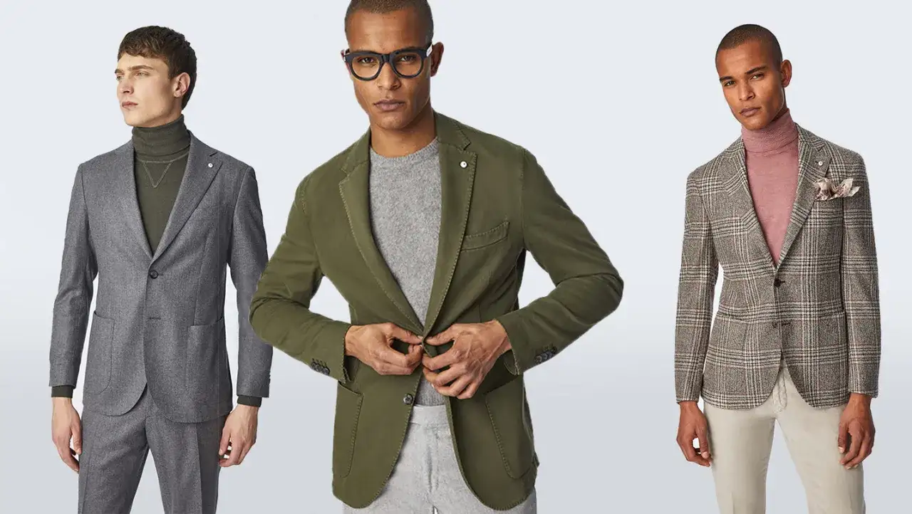 Three men in stylish blazers and turtlenecks.