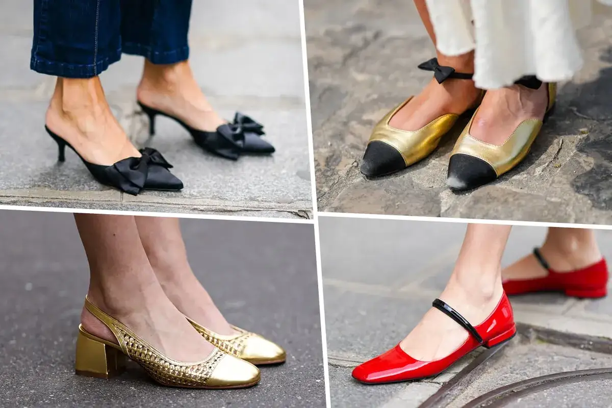 Scarpe eleganti per far sembrare i piedi più piccoli: ballerine rosse, mules nere con fiocco, slingback dorate e ballerine bicolore oro/nere.