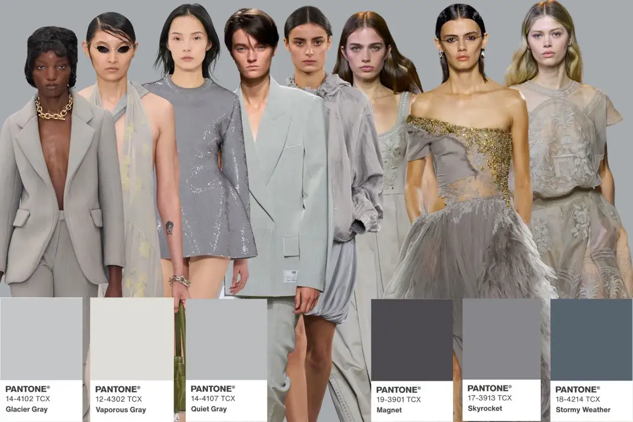 Modelli con abiti grigi eleganti, ispirazione per colori da abbinare al grigio vestiti. Diverse tonalit&agrave; di grigio, dal chiaro allo scuro.