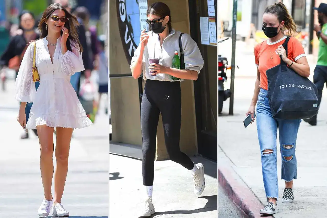 Tre donne con diversi tipi di Vans ai piedi: una con vestito bianco, una in tenuta sportiva, l'altra con jeans strappati.