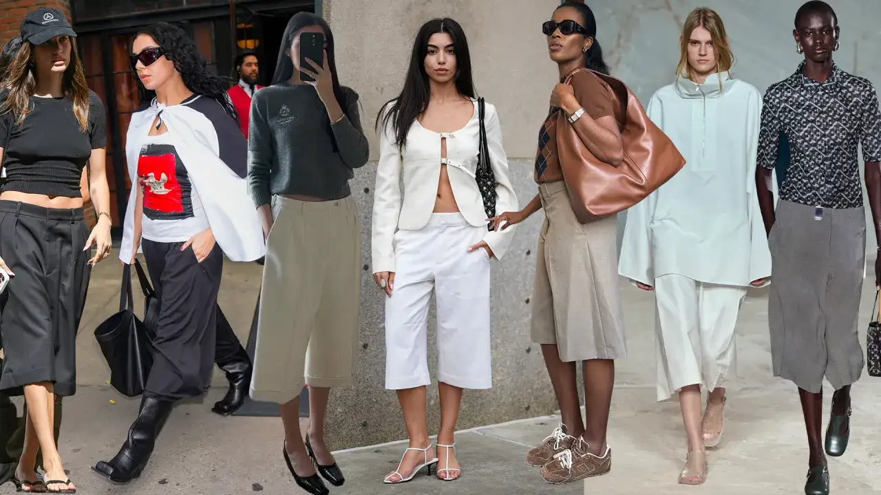 Modelli con pantaloni culotte e scarpe eleganti o sportive.