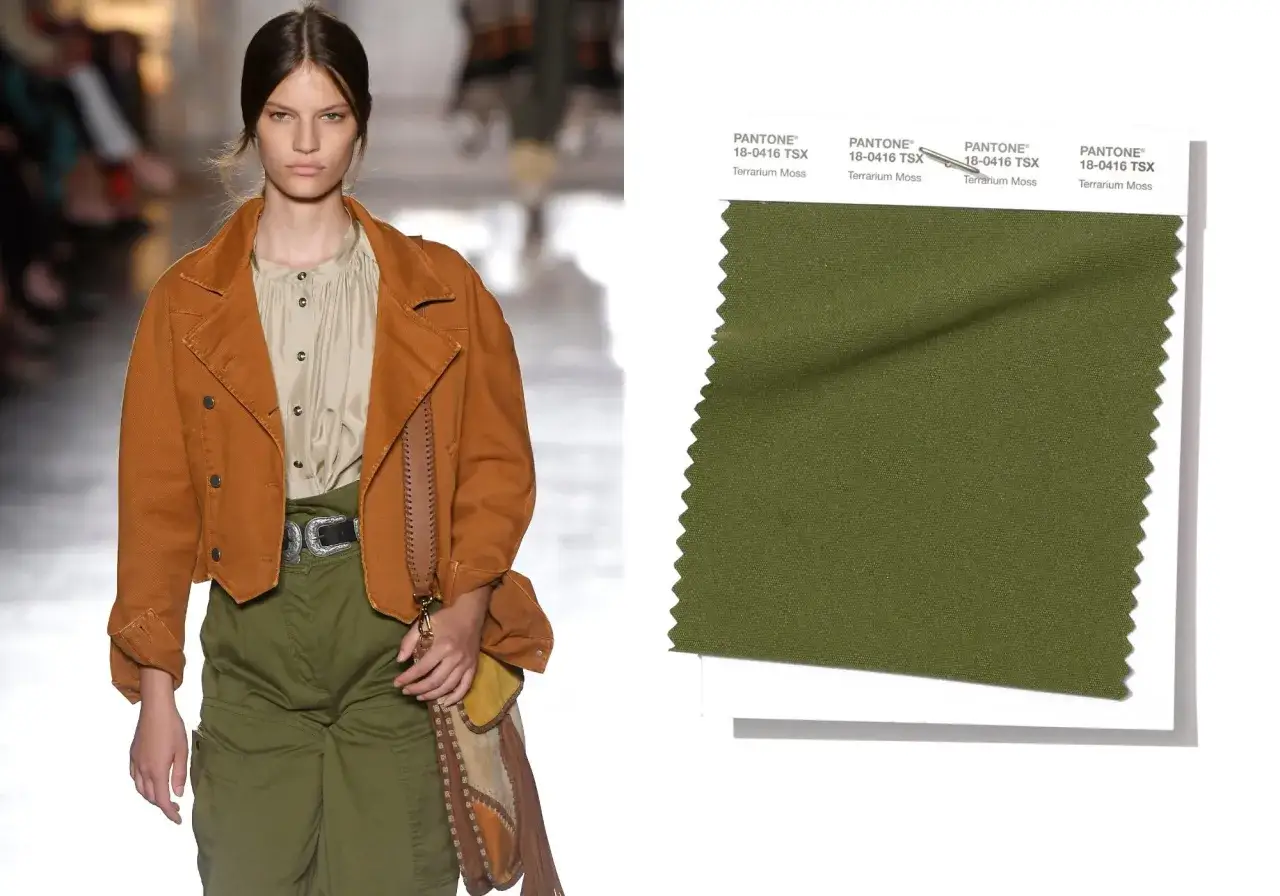 Modello indossa pantaloni verde oliva e giacca color terra. Il campione di colore mostra il verde oliva 