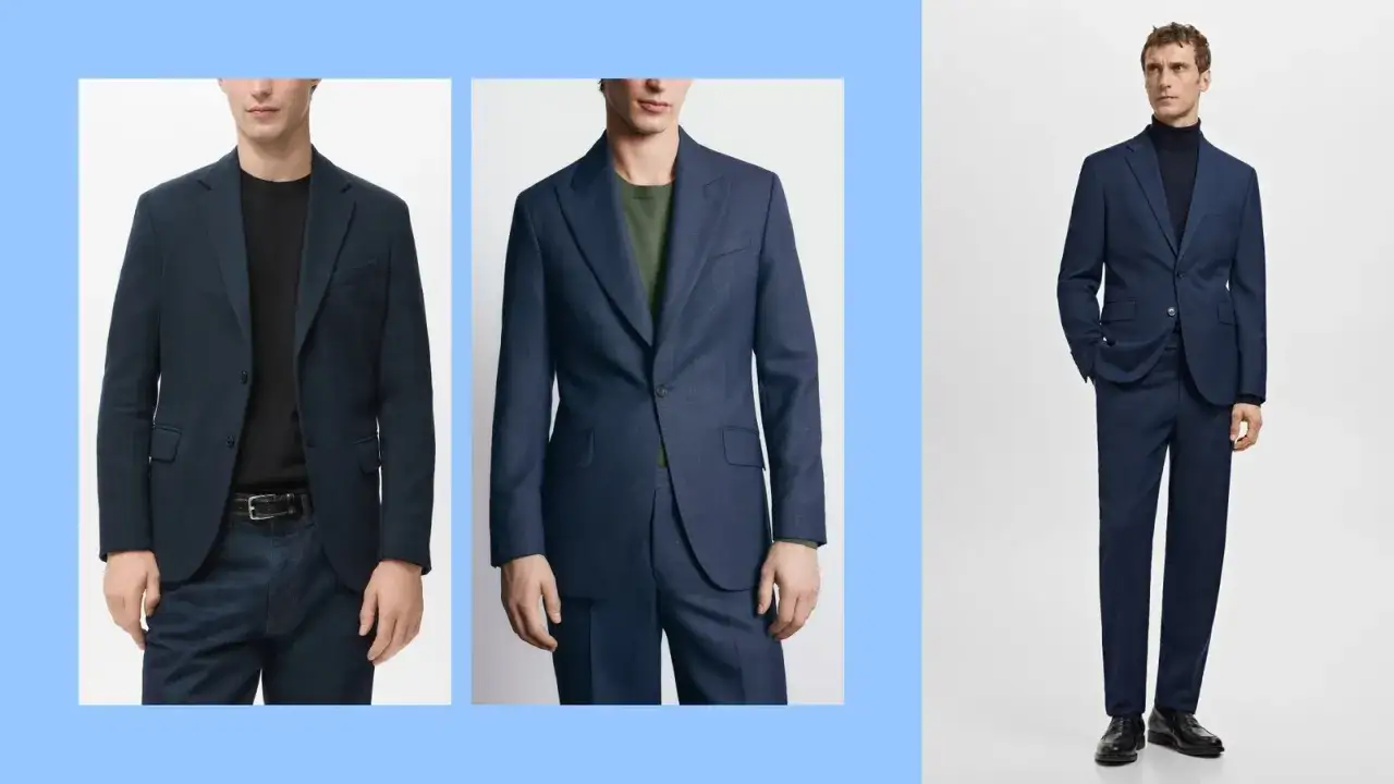 Uomo con abbinamento giacca blu: look casual con jeans e t-shirt, elegante con pantalone e dolcevita.