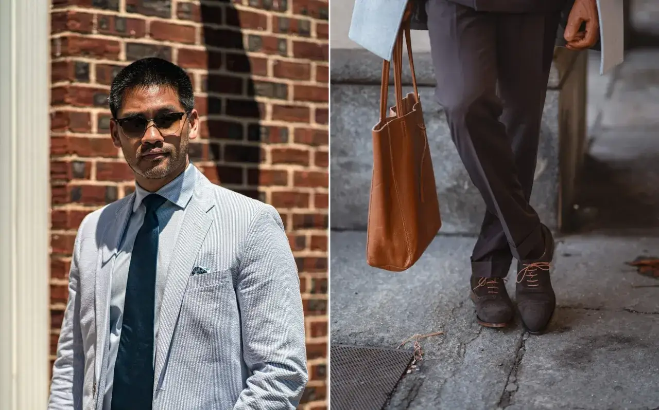Uomo basso con giacca a righe, cravatta blu e occhiali da sole. A destra, dettagli di un outfit elegante con borsa in pelle e scarpe scure.