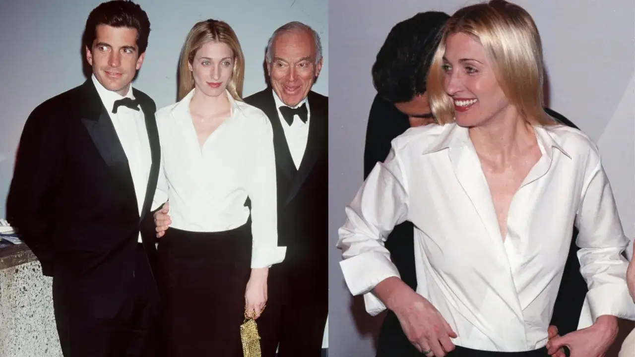 Carolyn Bessette-Kennedy, John F. Kennedy Jr. e un uomo anziano sorridono. Carolyn Bessette-Kennedy &egrave; elegante in camicia bianca.