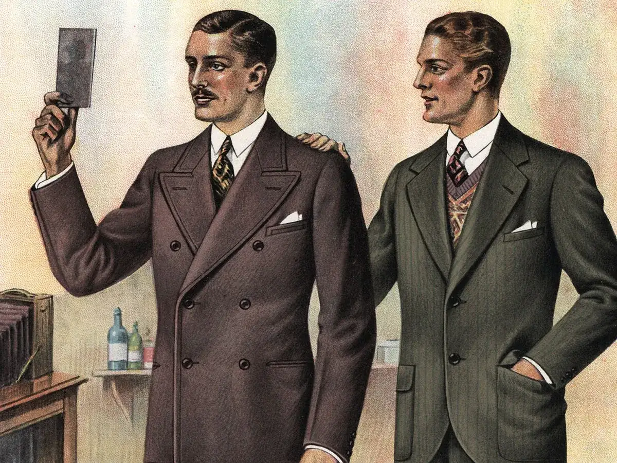 Due uomini eleganti: uno con giacca monopetto, l'altro con doppiopetto, posano per un ritratto fotografico d'epoca.