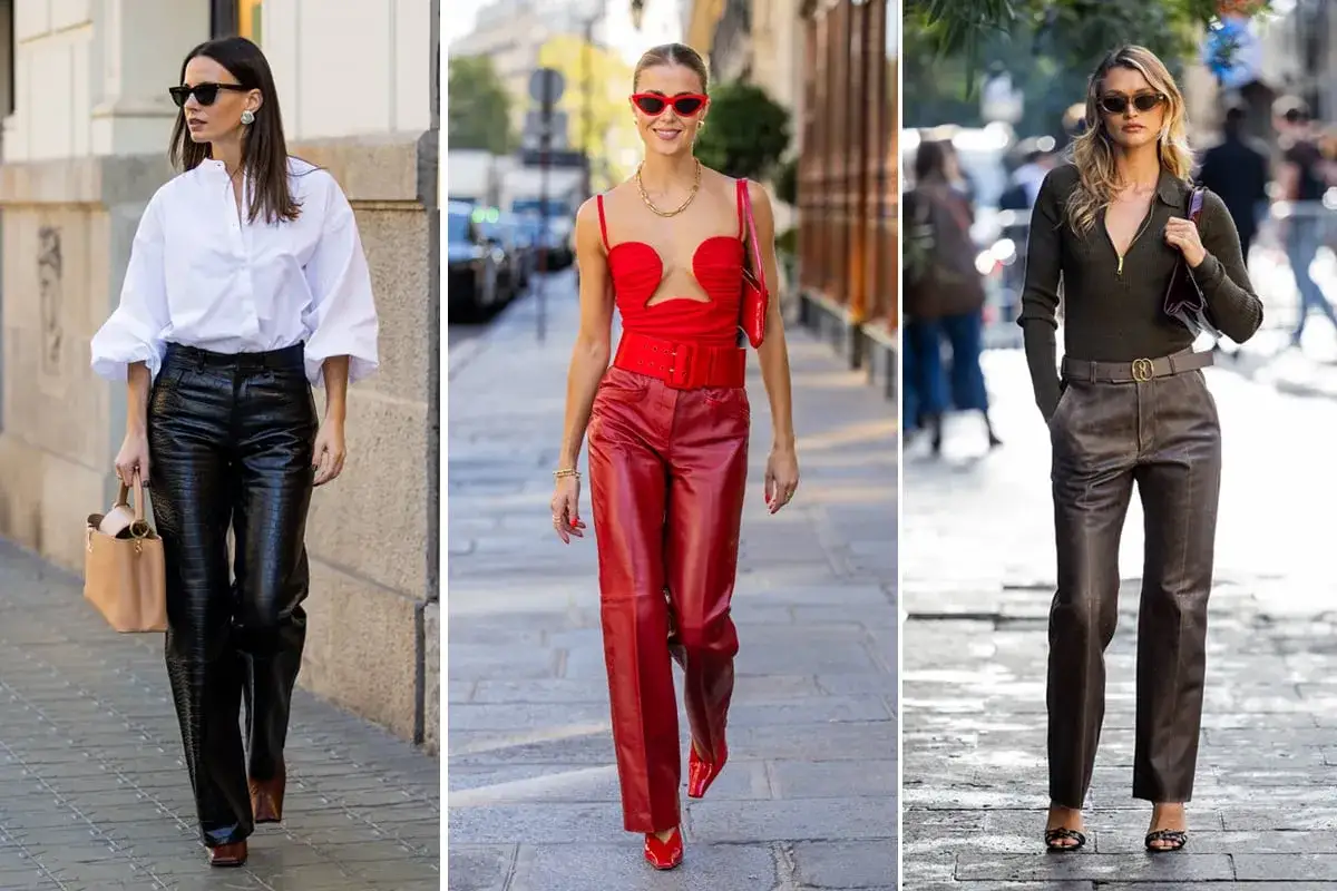 Tre donne sfoggiano outfit con pantaloni di pelle larghi: uno nero con camicia bianca, uno rosso audace e uno marrone con top scuro.