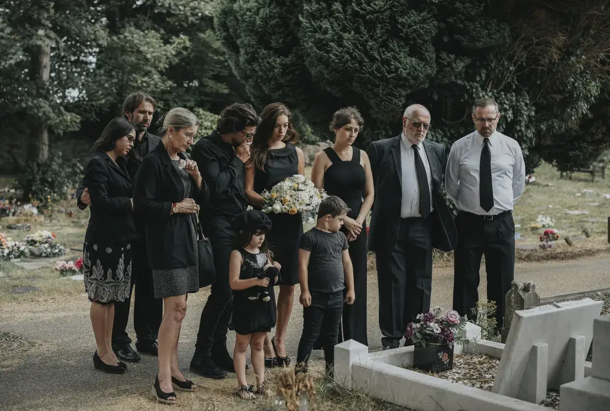 Famiglia in lutto, vestiti di nero, partecipa a un funerale. Un esempio di come vestirsi ad un funerale, con abiti sobri e rispettosi.