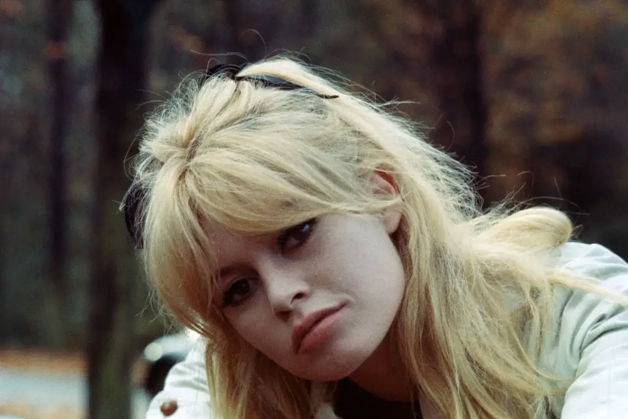 Brigitte Bardot giovane, con i suoi iconici capelli biondi e uno sguardo intenso, cattura l'essenza della sua giovinezza.