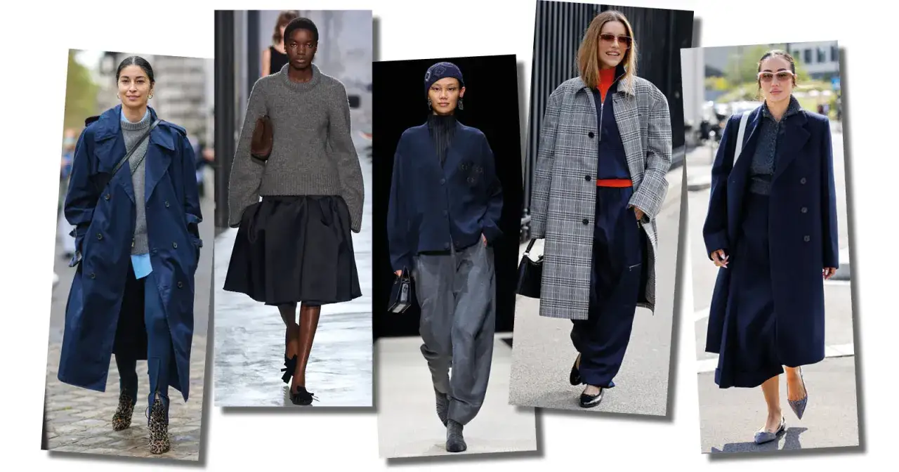 Cinque donne sfoggiano outfit eleganti dove blu e grigio stanno bene insieme, tra cappotti, maglioni e pantaloni.