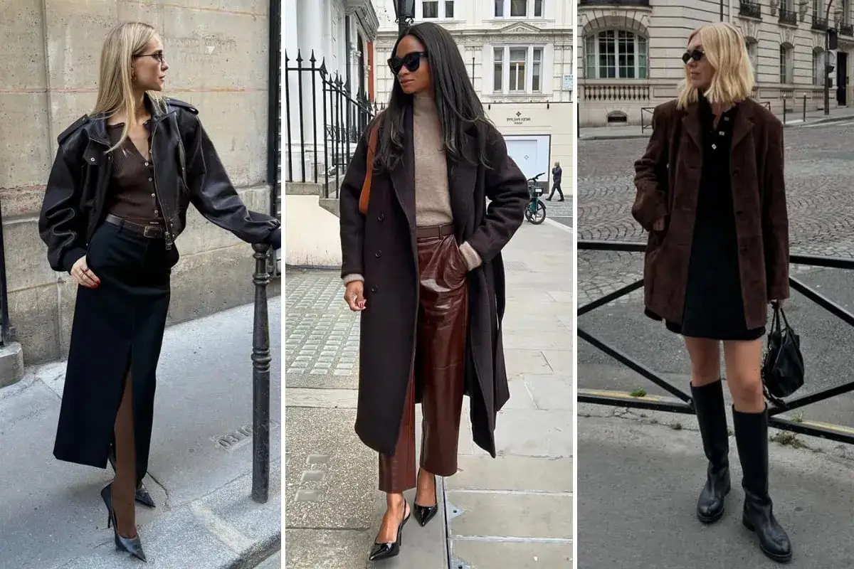 Tre donne con outfit eleganti. Nero e marrone stanno bene insieme, come dimostrano i cappotti scuri, le gonne, i pantaloni in pelle e gli accessori.