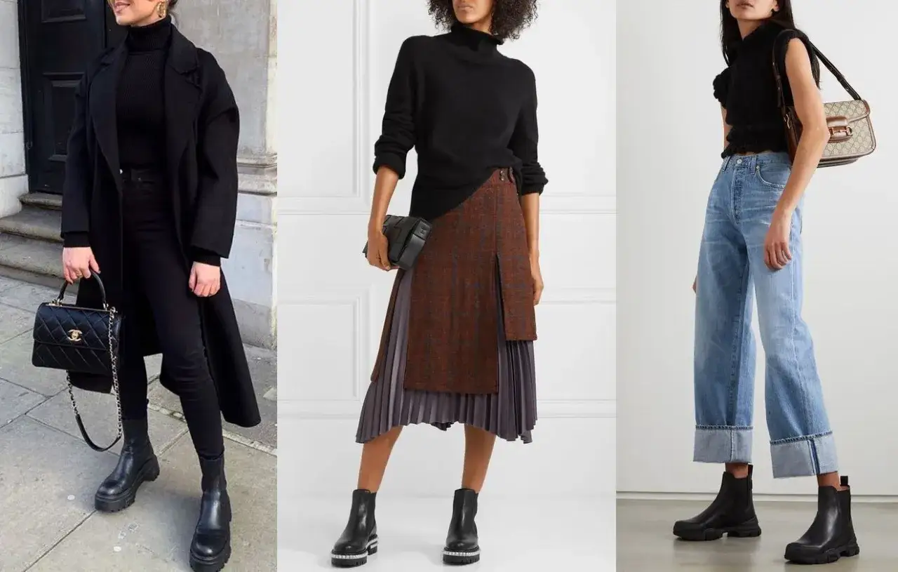 Tre outfit donna con chelsea boots: total black elegante, gonna a pieghe chic e jeans casual.