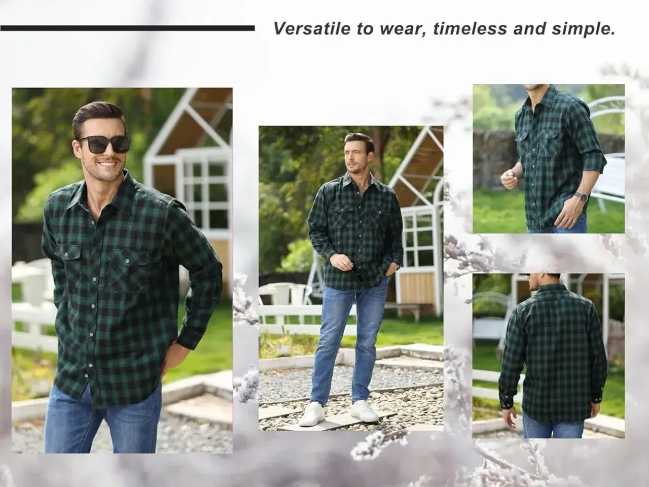 Uomo con un outfit camicia flanella uomo a quadri verde e nero, jeans e occhiali da sole.