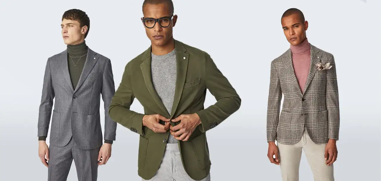 Tre uomini indossano abbigliamento business casual: blazer grigio, verde oliva e a quadri con dolcevita.