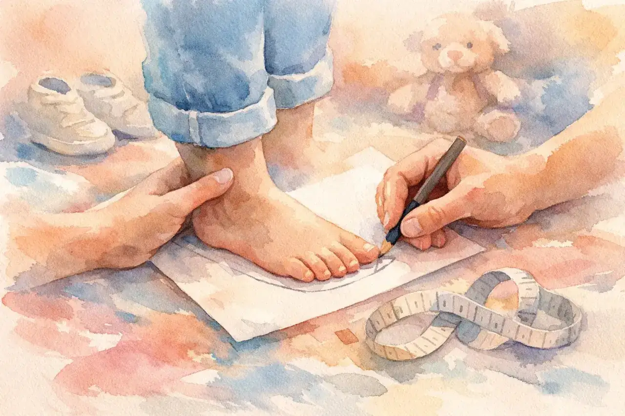Misura del piedino per le prime scarpe per camminare. Un orsetto sullo sfondo.