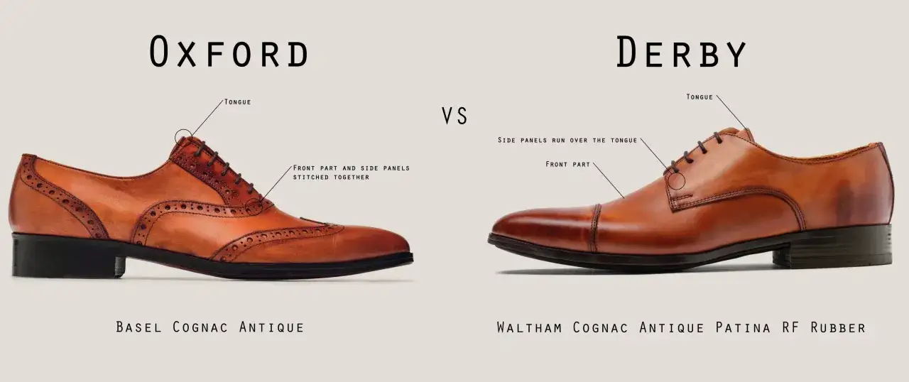 Confronto tra scarpe: Oxford con pannelli cuciti e Derby con pannelli che coprono la linguetta.