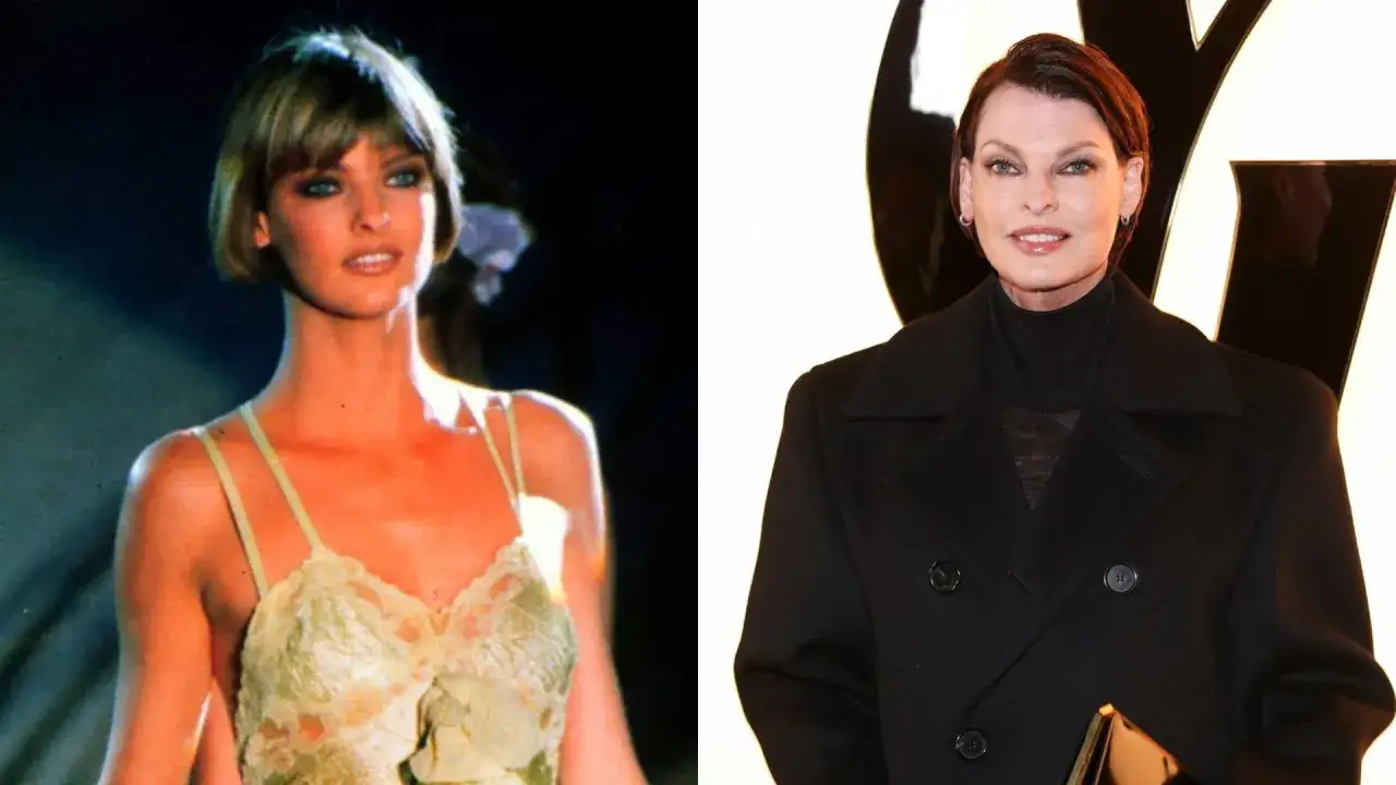Linda Evangelista: un confronto tra il suo look iconico da modella negli anni '90 e un'apparizione più recente.