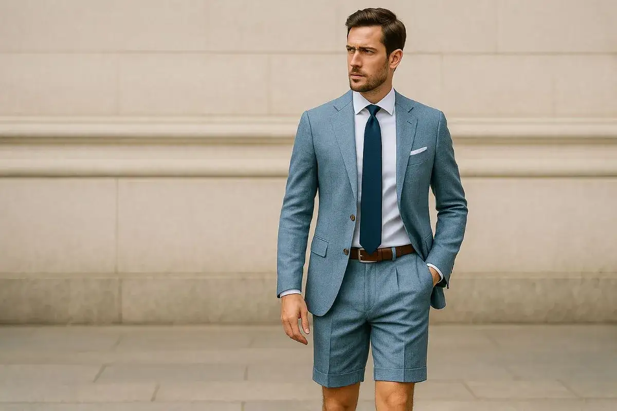 Uomo con completo blu chiaro, camicia bianca, cravatta blu scuro e cintura marrone. Un look che incarna lo stile british uomo, elegante e moderno.