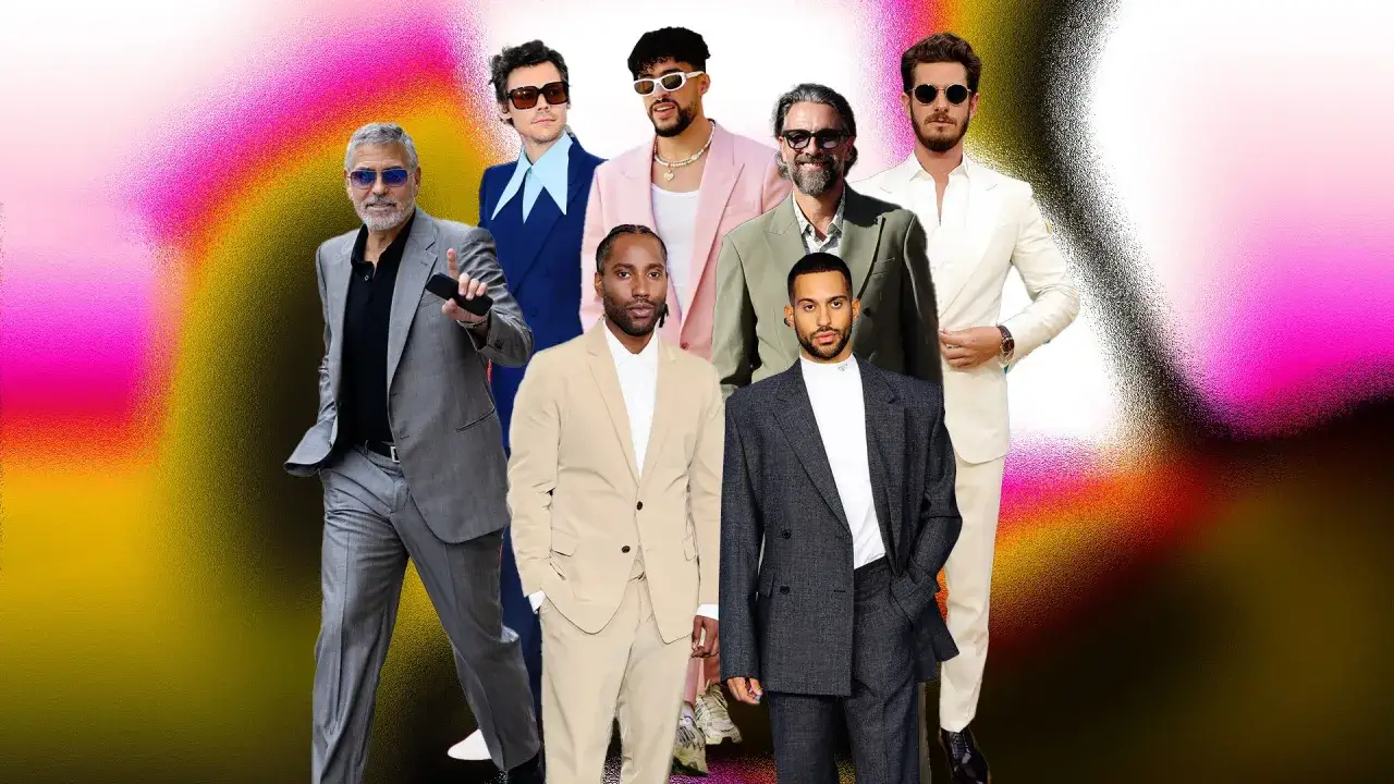Un gruppo di uomini eleganti sfoggia diversi colori abito uomo: grigio, blu, rosa, beige, verde e bianco.