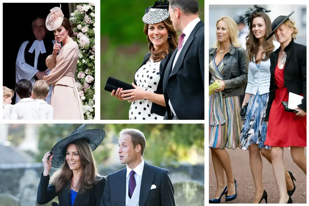 Momenti del matrimonio William e Kate: Kate con un abito rosa, poi in pois, e infine con William, sorridente.