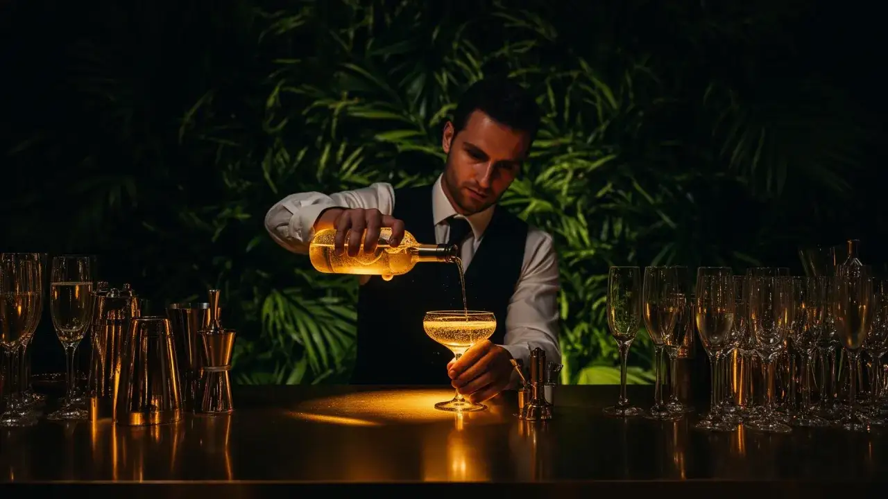 Barman in abito da cocktail versa champagne in un bicchiere, circondato da bicchieri e attrezzature da bar.