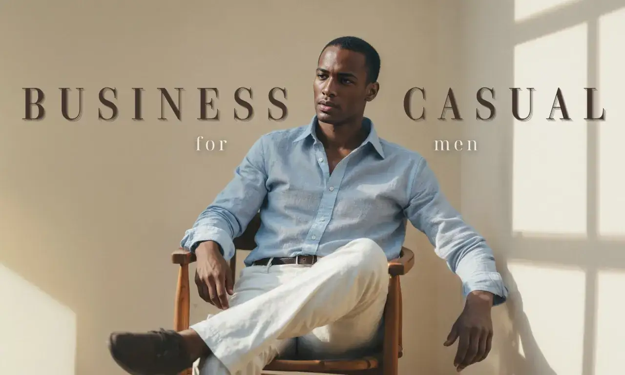 Uomo con abbigliamento business casual: camicia azzurra e pantaloni chiari, seduto su una sedia di legno.