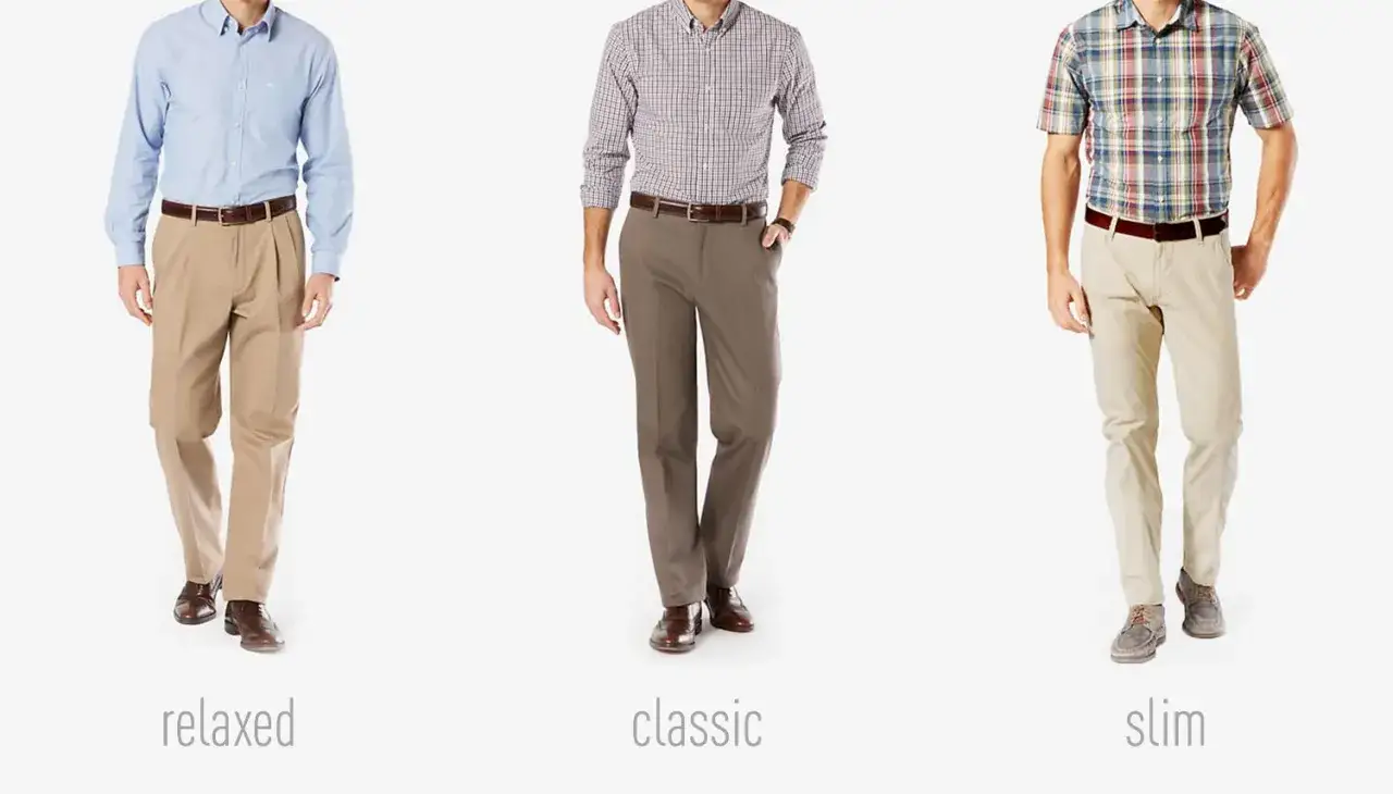 Tre uomini mostrano diversi tagli di pantaloni: relaxed, classic e slim fit.