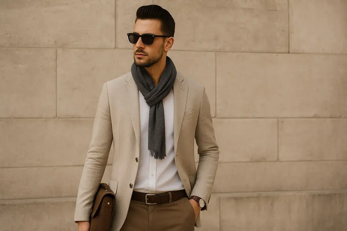 Uomo con outfit elegante sportivo: blazer beige, camicia bianca, pantaloni marroni, sciarpa grigia e occhiali da sole.