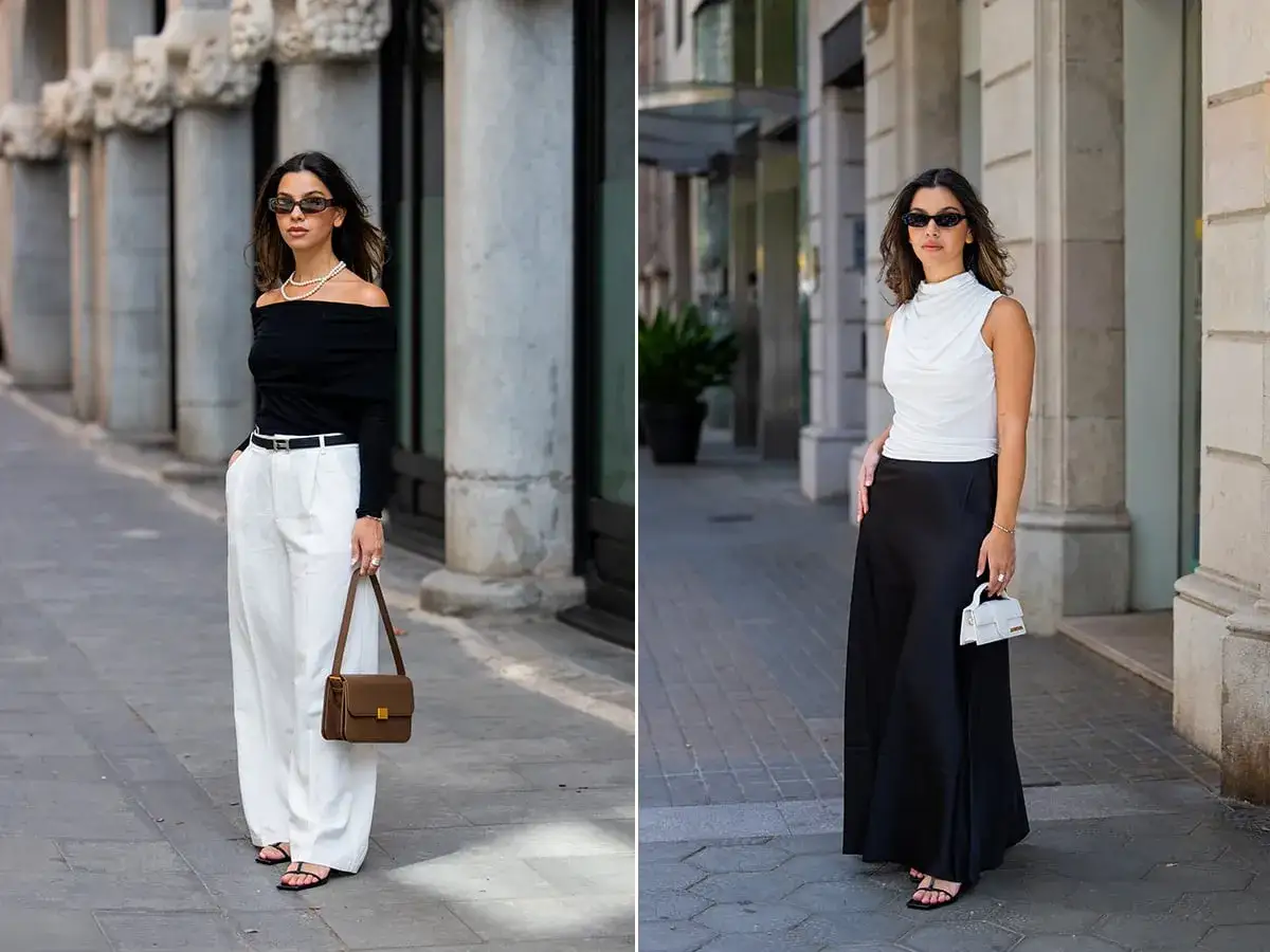 Due donne mostrano outfit eleganti: uno con pantaloni bianchi e top nero, l'altro con gonna nera e top bianco. I colori da abbinare al bianco e nero sono qui esaltati da accessori chic.