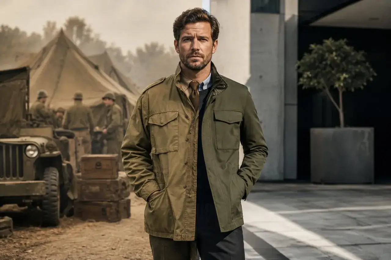 Un uomo indossa una field jacket, un capo iconico che unisce stile militare e moderno. Sullo sfondo, un campo militare con tende e jeep.