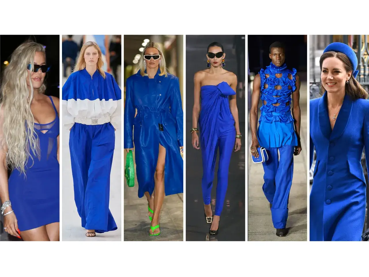 Modelli e celebrità sfoggiano abiti blu royal, da un vestito trasparente a un completo elegante, passando per un trench in pelle e un outfit audace.