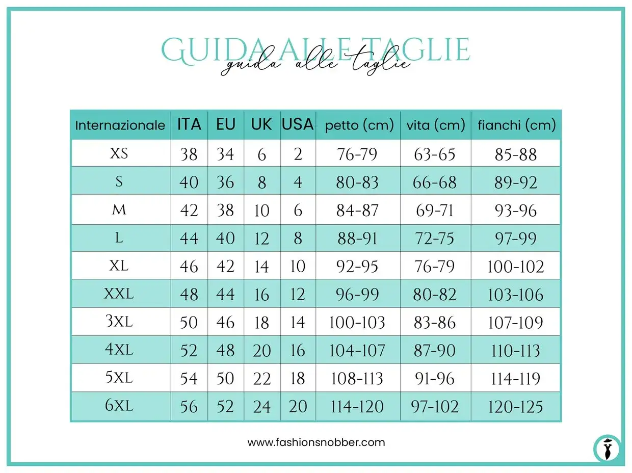 Guida taglie: la taglia 4 corrisponde a una taglia internazionale XS, EU 34, UK 6, USA 2, con misure per petto, vita e fianchi.
