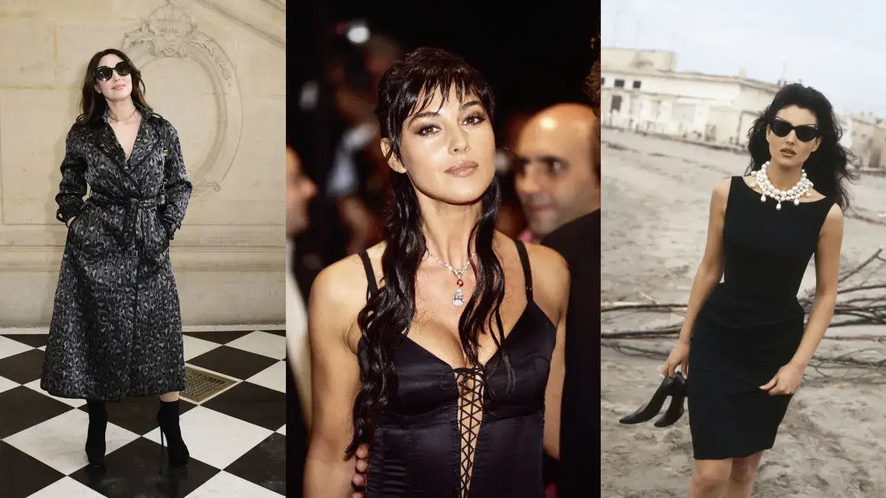 Monica Bellucci in tre pose iconiche: con trench leopardato, abito nero da sera e in versione audace con corsetto.