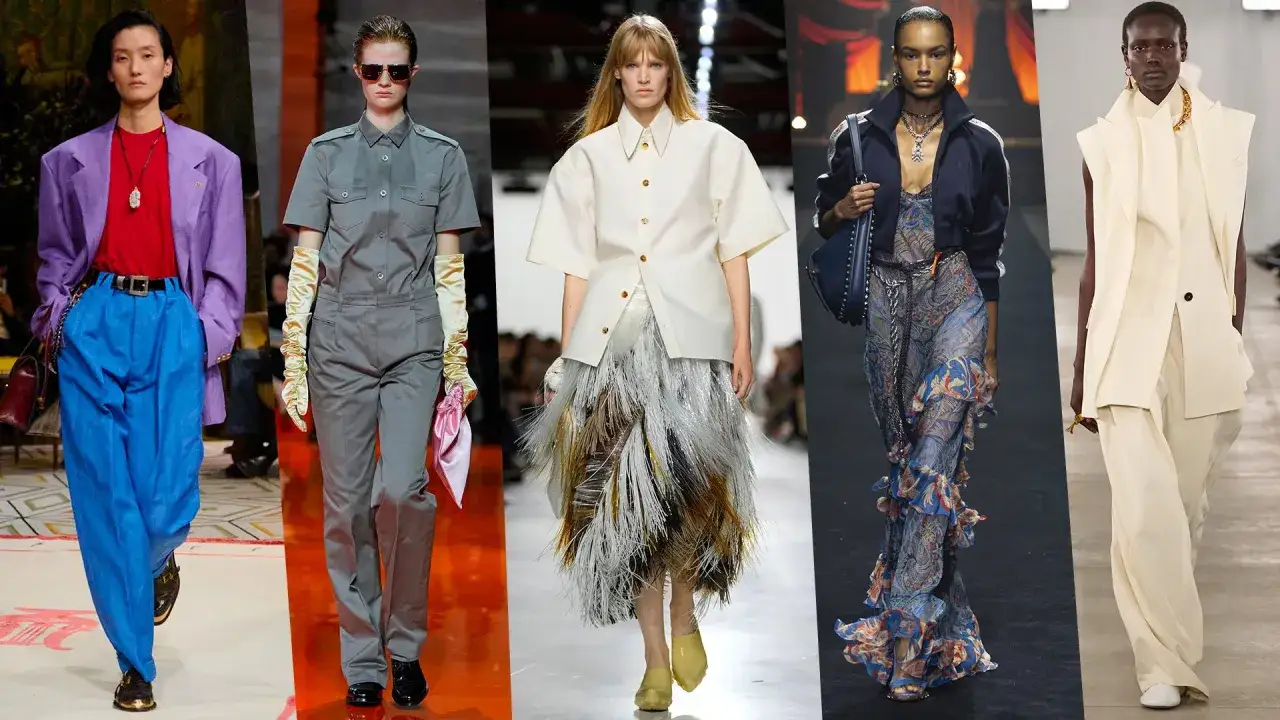Modelli sfilano con look audaci e colorati, anticipando le tendenze della Milano Fashion Week 2026.