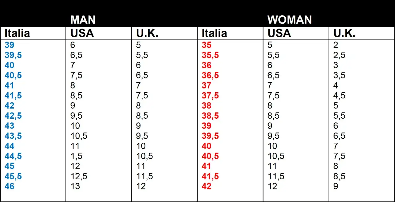Tabella comparativa taglie scarpe Nike uomo e donna, con misure italiane, USA e UK.