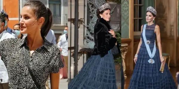 Letizia Ortiz in tre look: casual con camicia zebrata, elegante con pelliccia e tiara, e regale con abito blu e fascia.