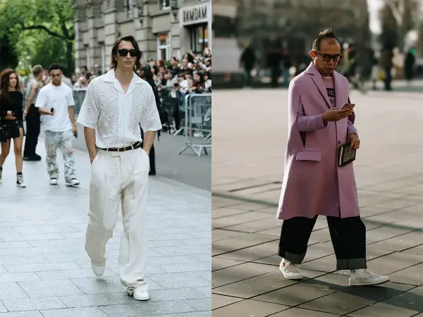 Uomo con camicia bianca e pantaloni larghi, un esempio di come indossare sneakers alte con stile.