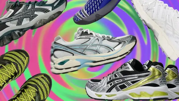 Scarpe sportive Asics in varie colorazioni e modelli, con un design dinamico su uno sfondo psichedelico. L'azienda Asics è nota per l'innovazione.