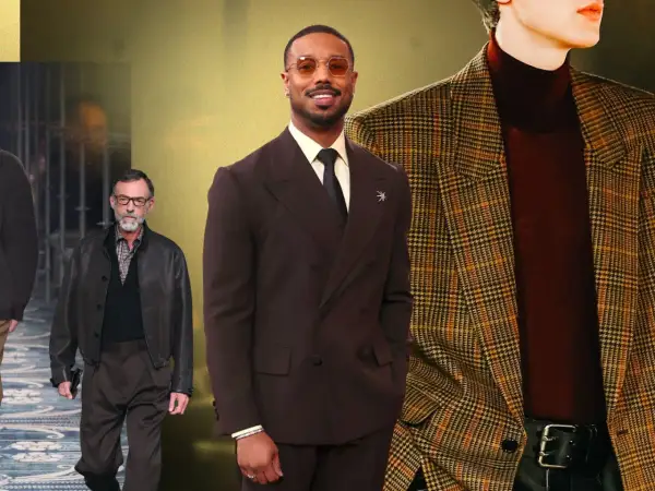 Uomo in abito marrone, uomo con giacca di pelle e uomo con blazer a quadri. Nero e marrone stanno bene insieme, creando un look elegante.