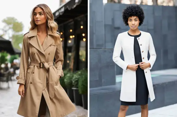 Donna con trench beige, perfetta per la sera. Accanto, un'altra donna con cappotto bianco elegante.