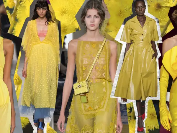 Modelli con abiti gialli. Scarpe da abbinare a vestito giallo: sandali blu, décolleté rosse.